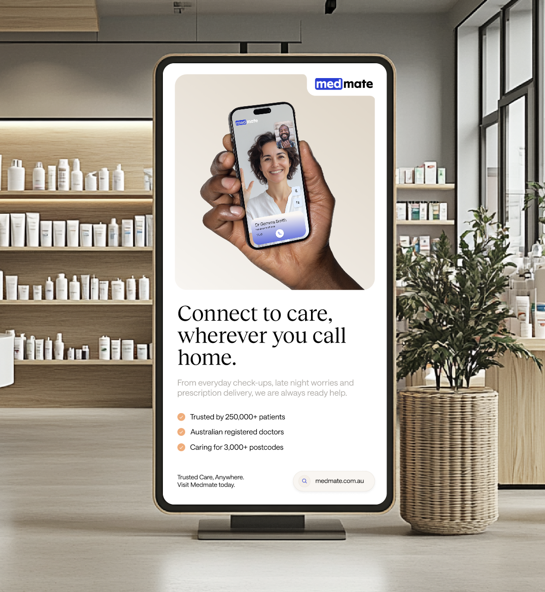 Medmate digital screen creative displayed inside a pharmacy