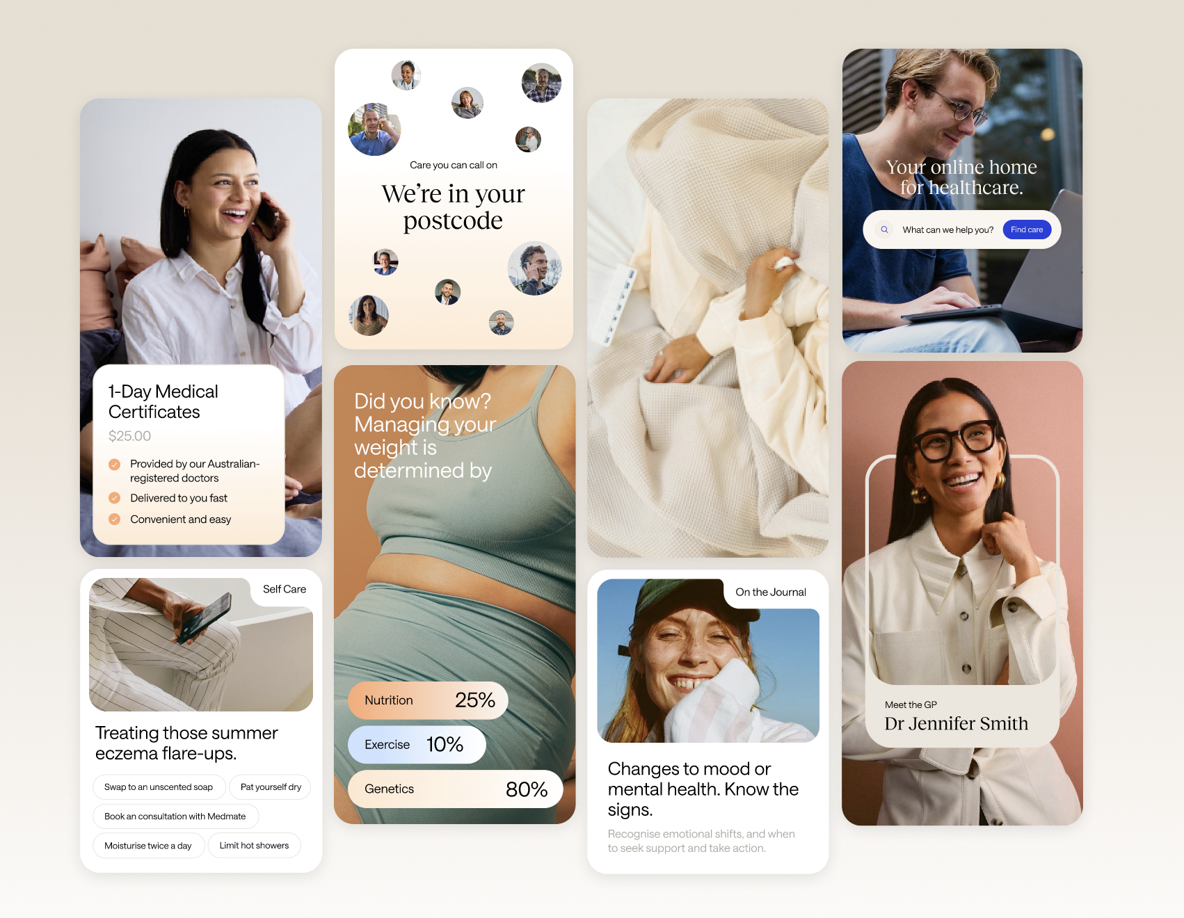 Grid of Medmate social and content creative covering medical certificates, mental health and GP profiles