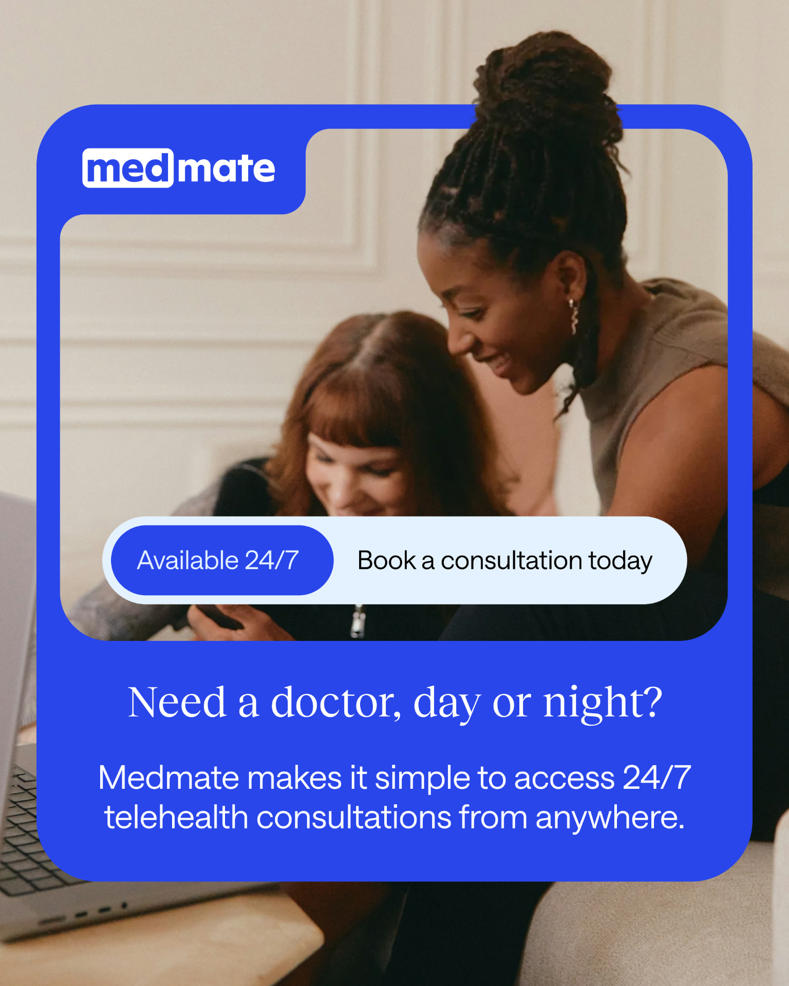 Medmate 4:5 paid social ad promoting 24/7 telehealth consultations