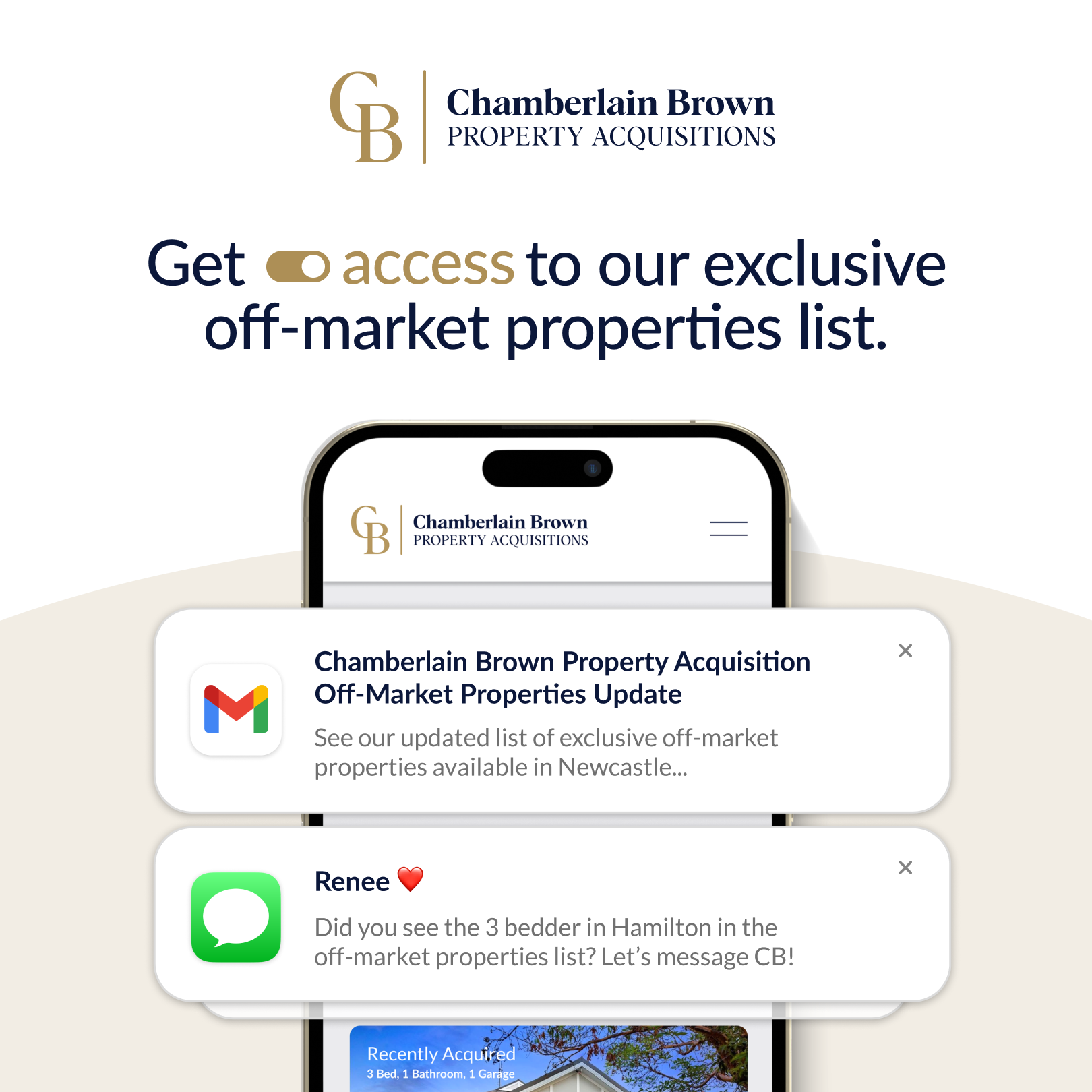 Chamberlain Brown 1:1 ad showing email and SMS notifications for off-market property alerts
